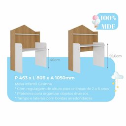 MESA INFANTIL CASINHA C/ BANCO E REGULAGEM DE ALTURA 100% MDF BRANCO/NATURE - 7