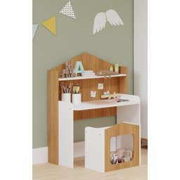 MESA INFANTIL CASINHA C/ BANCO E REGULAGEM DE ALTURA 100% MDF BRANCO/NATURE - 1
