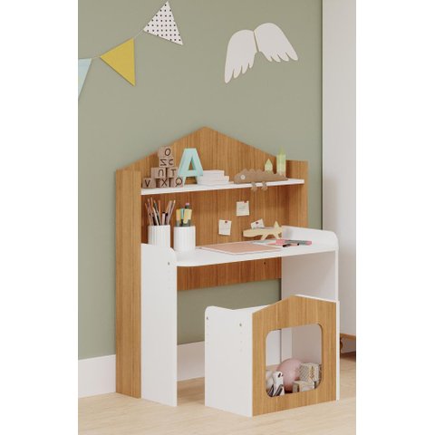 MESA INFANTIL CASINHA C/ BANCO E REGULAGEM DE ALTURA 100% MDF BRANCO/NATURE