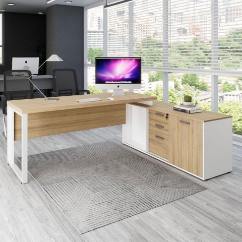 Mesa Dinâmica 1,70m C/ Armário e Cx de Tomadas Pés Metal F5