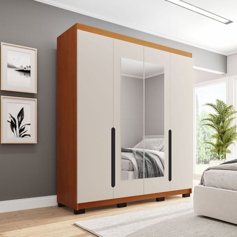 Guarda-roupa Casal Madrid 4 Portas 4 Gavetas com Espelho Creme/freijó - Politorno