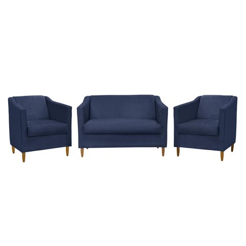 Kit Namoradeira e 2 Poltronas Titânio Suede Azul Marinho