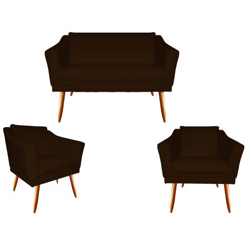 Kit Namoradeira + 2 Poltronas Decorativa Agatha Suede Marrom Pés Madeira Ms Decor