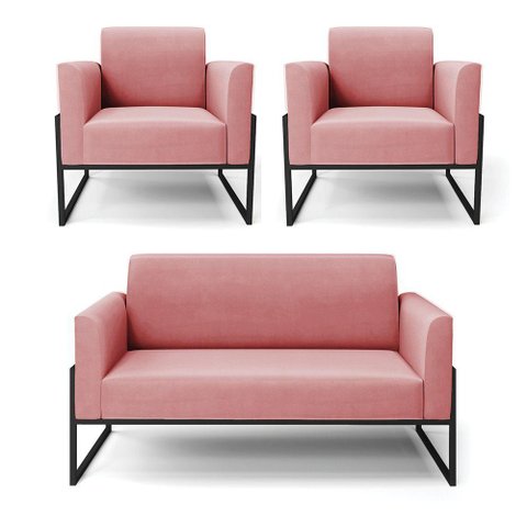 Sofá Namoradeira com 2 Poltronas Base Industrial Alta Preto Marisa Suede D03 - D\'rossi Cor Rose