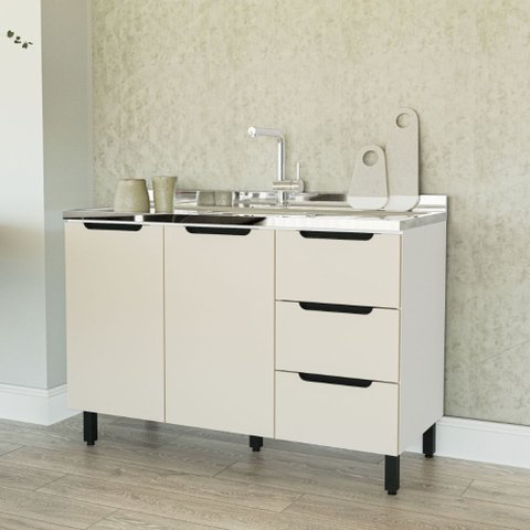 Balcão para Pia 120 Cm 2 Portas 3 Gavetas Meena Branco Creme Politorno Móveis