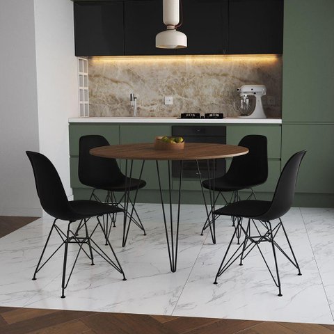 Mesa De Jantar Redonda 90Cm Amêndoa Clips 3 Pés Com 4 Cadeiras Pretas Ferro Preto Cor: Amendoa