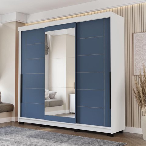 Roupeiro Lisboa 3 Portas de Correr com Espelho 217x213cm Branco/Azul 240856