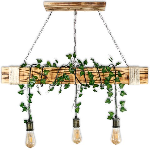 Luminária Rústica de Madeira Maciça 95cm com 3 Pendentes Ouro Velho + Plantas