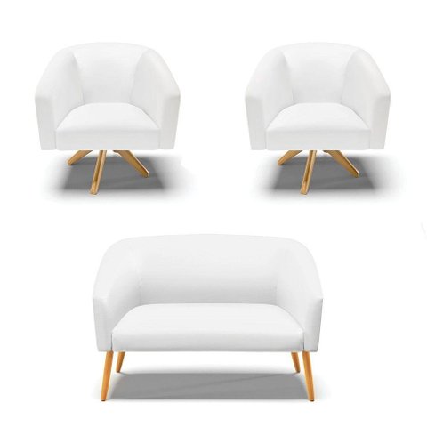 Kit 1 Namoradeira E 2 Poltronas Base Madeira Branco
