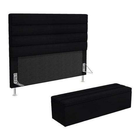 Cabeceira Atlas e Calçadeira Baú Ursa 160 para Cama Queen N-024 Veludo Preto Aradecor