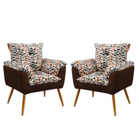 Kit 2 Poltronas Opala Suede Estampado Laranja com Marrom Aradecor