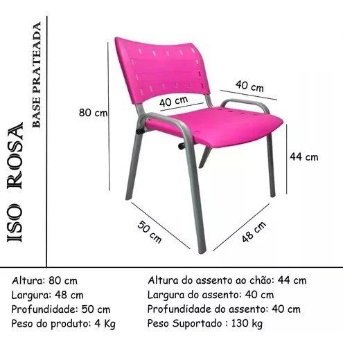 Kit Com 6 Cadeiras Iso Para Escola Escritório Comércio Rosa Base Prata - 3