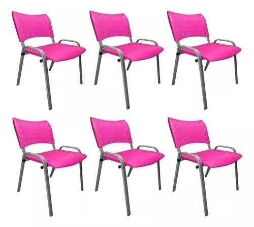 Kit Com 6 Cadeiras Iso Para Escola Escritório Comércio Rosa Base Prata - 1
