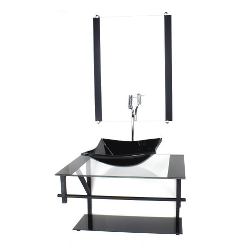 GABINETE DE VIDRO PARA BANHEIRO 60CM AP CUBA QUADRADA PRETO COM TORNEIRA CROMADA
