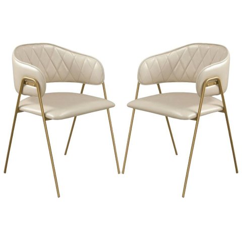 Conjunto 2 Cadeiras Veneza Couro Pérola Metal Dourado