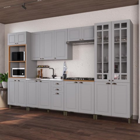 Armário de Cozinha Modulada Completa Fidelitá Nara 100% MDF 6 Peças 350cm 18 Portas 2 Gavetas sem