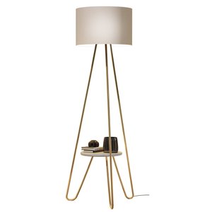 Abajur Luminária de Chão com Pés de Metal Dourado C/ Mesa Lateral Canto Cúpula Bege Bivolt