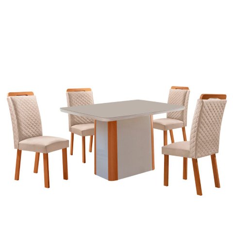 Mesa de Jantar Isadora 120cm Tampo MDF Vidro Canto Copo com 4 Cadeiras Lorena
