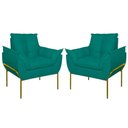 Ver imagem 1 de Kit 2 Poltronas Luxo Base Reforçada Metal Dourado Azul Turquesa