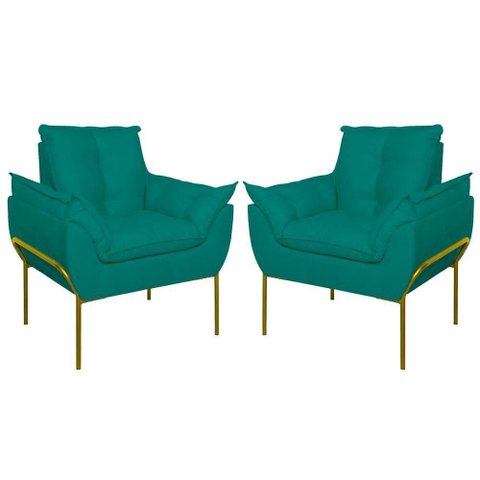 Kit 2 Poltronas Luxo Base Reforçada Metal Dourado Azul Turquesa