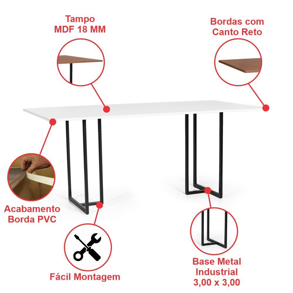 Mesa de Jantar Retangular Industrial 6 Lugares 180x90 cm Athos Branco - 2