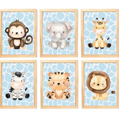 Quadro Infantil Safari 6 Un A4 Vidro e Pendurador