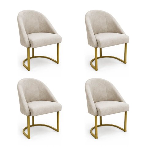 Kit 04 Cadeiras Poltrona de Jantar Lua Suede Bege Base Ferro Dourado Dal Poz Estofados