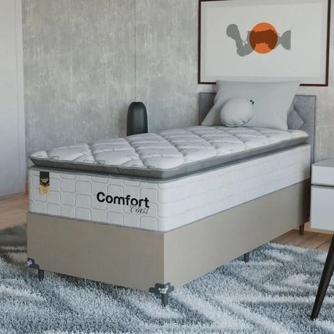Cama Box Solteiro + Colchão Comfort Class Pillow Top 88x188 Branco/suede Bege