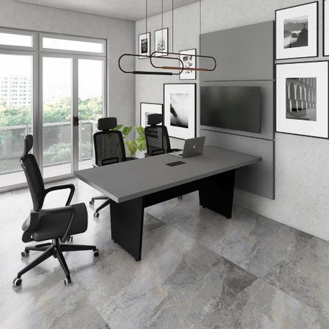 Mesa Reunião 2,00m X 0,90m 1cx Tomada e 3 Painéis de Tv F5 Cor:cinza Sagrado com Preto