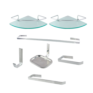 Kit Acessórios para Banheiro Quadrado Aço Inox 5 Peças + 2 Porta Shampoo Vidro Canto Cód. 1885