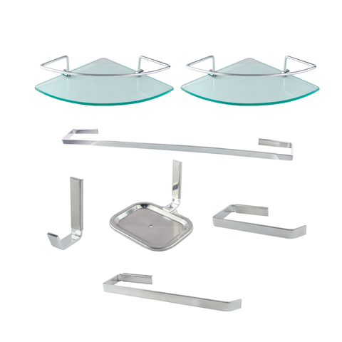 Kit Acessórios para Banheiro Quadrado Aço Inox 5 Peças + 2 Porta Shampoo Vidro Canto Cód. 1885