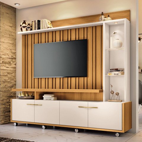 Estante Painel para TV 60 pol com LED Ian B01 Cinamomo Off White - Lyam Decor