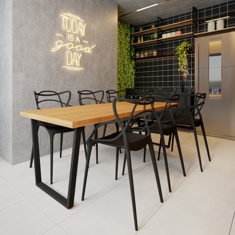 Conjunto Mesa Madeira Maciça Lanna 1,80m Ferragem Preta com 6 Cadeiras Alegra Preta