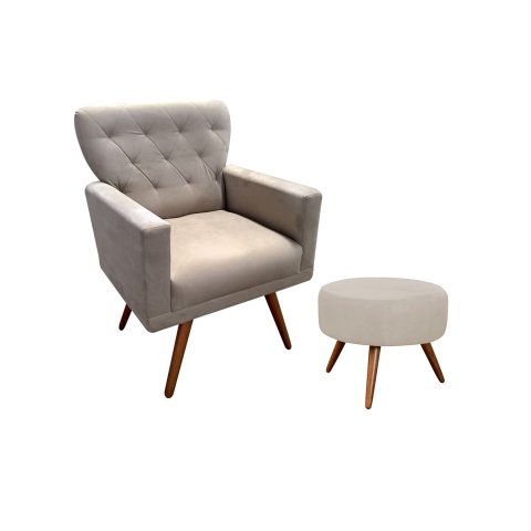 Kit Poltrona Decorativa Aurora + 1 Puff Redondo Suede Bege Pés Madeira Ms Decor