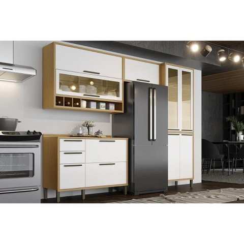 Cozinha Modulada Completa Syrah 4 Peças 2 Aéreos + 1 Balcão + 1 Paneleiro C4p05 Amendoa Branco