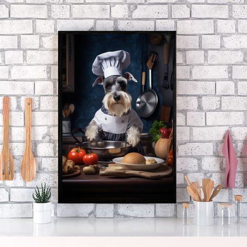 Quadro para Cozinha Cão Schnauzer 33x24cm - com Vidro:madeira Preta