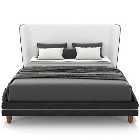 Cabeceira King Nilo 195cm com Cama Pés Madeira Suném P05 Couríssimo Preto Bouclê Cru - Lyam Decor