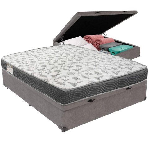 Cama Box Baú Cinza e Colchão Iso100 Espuma D33 Casal Ortobom