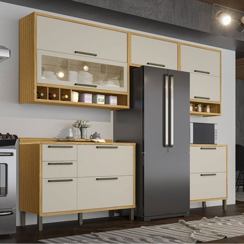 Armário de Cozinha Modulada com Balcão e Tampo 8 Portas 4 Gavetas Ágata 100% Mdf Vidro Reflecta Amên
