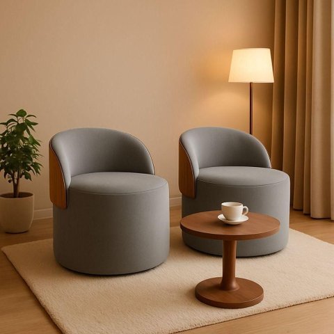 Kit 2 Puff Curvo com Encosto Redondo Orgânico Sala Confortável Resistente Composé Suede Corino