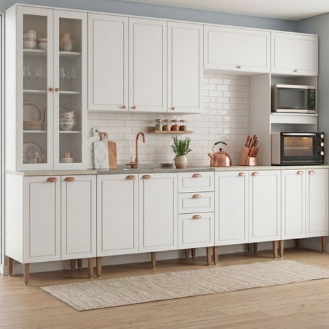 Cozinha Compacta Modulada 6 Peças com 16 Portas e Torre Quente Americana Branco Nobre
