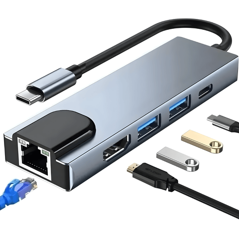 Adaptador Hub Tipo-c 5 em 1 Hdmi Usb Lan Hdtv Fy-875 Cinza