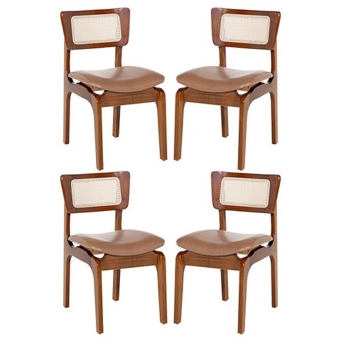 Kit 4 Cadeiras de Jantar Portugal Madeira Imbuia com Encosto Rattan Impermeável Caramelo L85