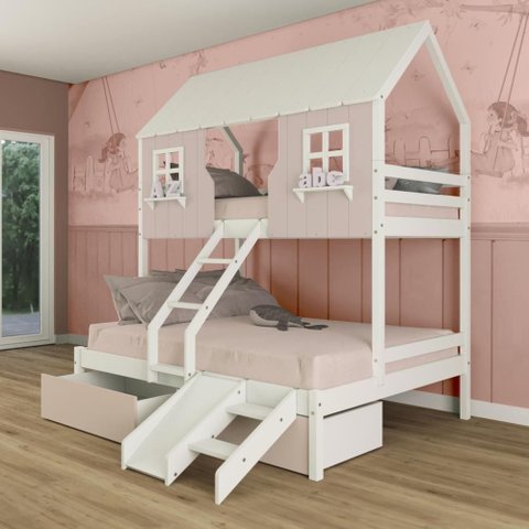 Beliche Casal/ Solteiro Casinha Encantada 02 Gavetas Kit Escada/ Escorregador Madeira Maciça Rosa/