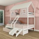 Ver imagem 1 de Beliche Casal/ Solteiro Casinha Encantada 02 Gavetas Kit Escada/ Escorregador Madeira Maciça Rosa/
