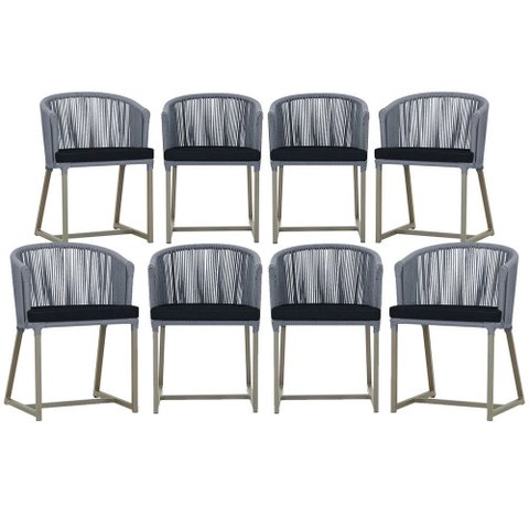 8 Cadeiras de Jantar Área Noronha em Alumínio com Pintura Fendi Corda Náutica Estofado 12 Trama Orig