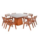 Ver imagem 2 de Conjunto Mesa Bérgamo Tampo c/Detalhe e 8 Cadeiras Madeira Maciça, Rattan Natural e Estofada Verona