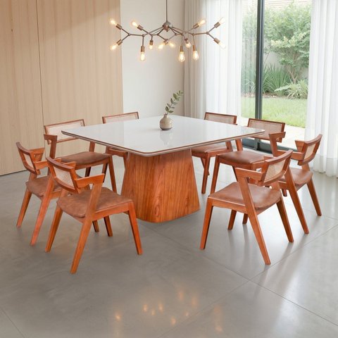 Conjunto Mesa Bérgamo Tampo c/Detalhe e 8 Cadeiras Madeira Maciça, Rattan Natural e Estofada Verona