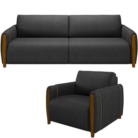 Kit Sofá 3 Lugares Sala Estar 223 com Poltrona Flora Pés Madeira M03 Couríssimo Preto - Lyam