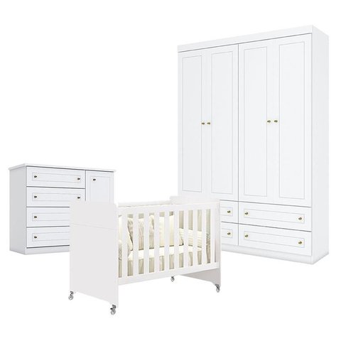 Quarto de Bebê Americano 4 Portas com Berço Americano Evolution 4 em 1 Branco Acetinado Reller - Hen